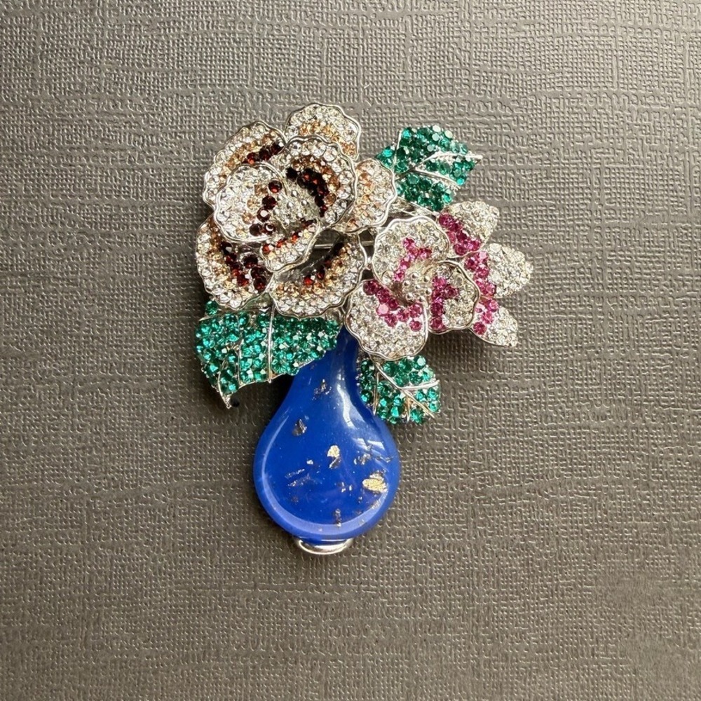 Vase Flower Brooch Pendant Necklace Silver Alloy Blue Rhinestone Bouquet Pin New